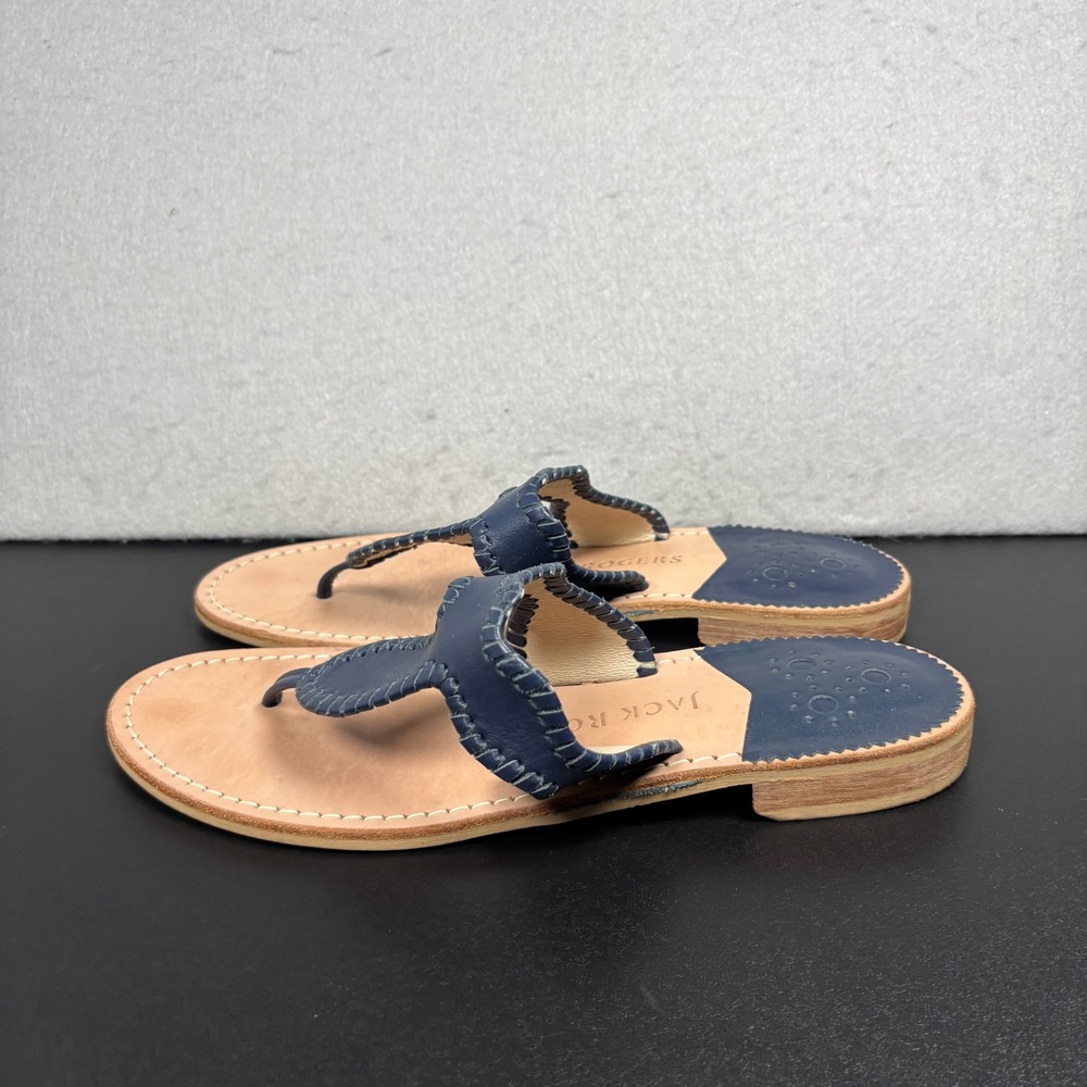 Jack Rogers Jacks Flat Sandals Navy Blue Leather Whipstitch Womens Size 9M